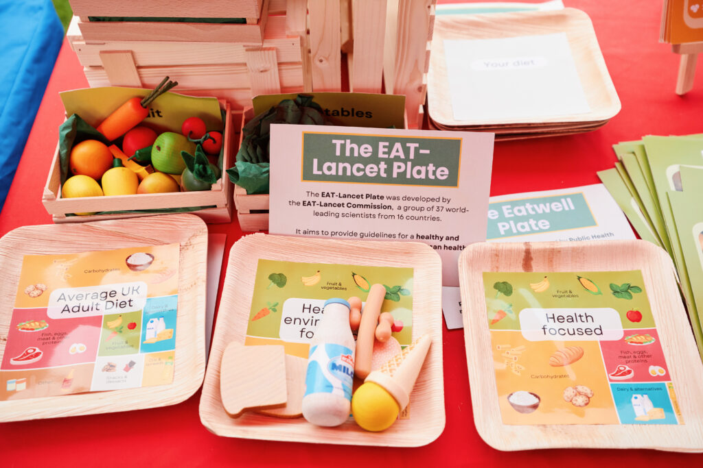 Display of three food plates labelled 'Average UK Adult Plate,' 'Health and environment focused,' and 'Health focused,' with educational materials about healthy and sustainable eating.
